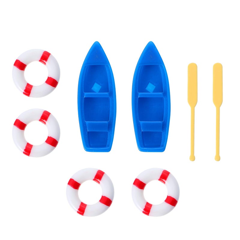 NUOBESTY 2 Sets Mini Vintage Fishing Boats Mini Beach Style Boat Oars Paddles Lifebuoy Set Miniature Ornament Kits for DIY Dollhouse Decorative Micro Landscape Scene Miniature Doll House Items - Image 1